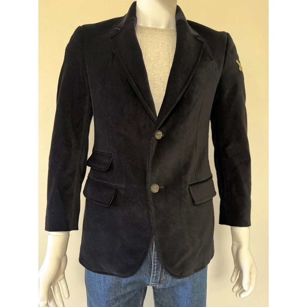 William Rast Mens Black Velvet‎ Blazer Jacket Gold Logo Sleeve Two Button Size S